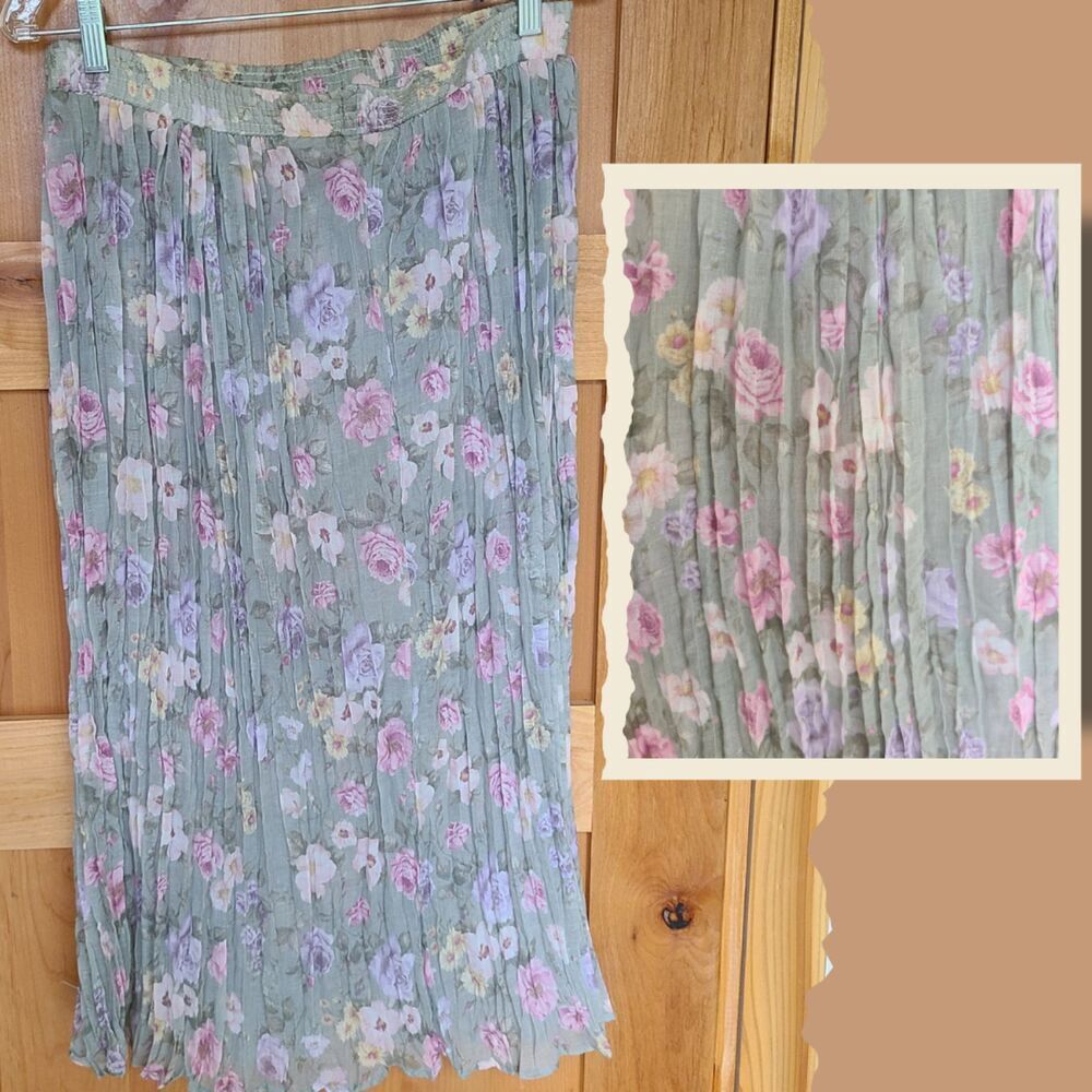 Vintage Petite Moi Girly Sheer Floral Pleated Midi Skirt Spring Easter Pastel S